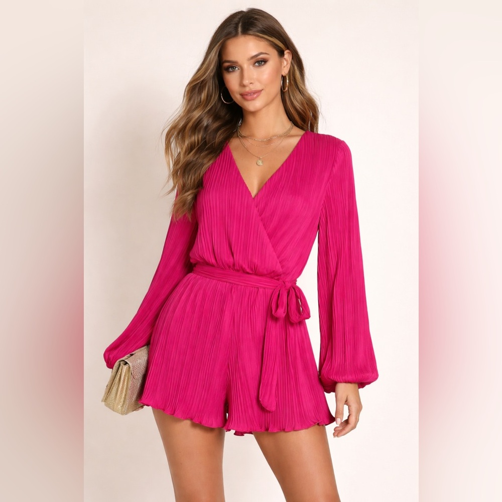 Pink‎ Pleated Wrap Romper XL Long Sleeve Tie Waist Party Wedding Guest Flirty